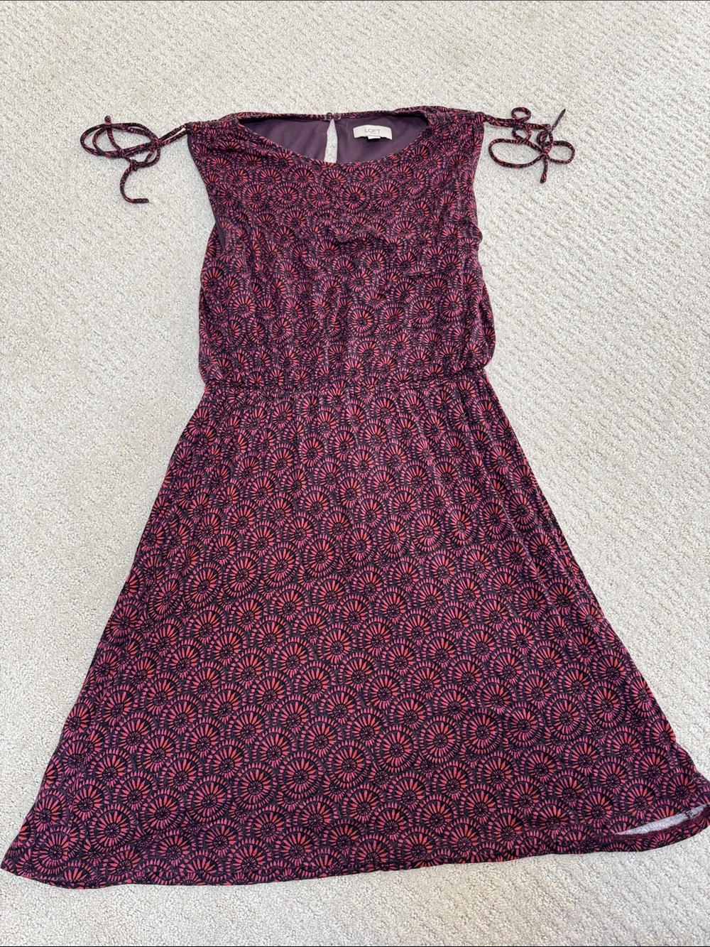 Women's Printed Dress with Tie-Strap Shoulders - Purple Pink
